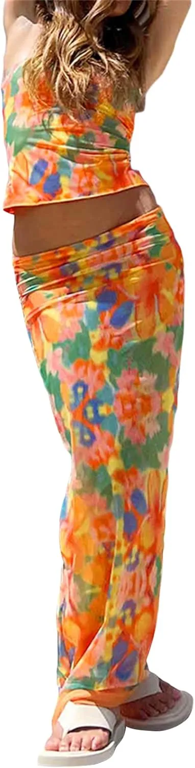 Maxi Skirt Sets Women 2 Piece Outfits Sexy Strapless Crop Tube Top Bodycon Long Skirts Y2K Skirt Set Beachwear