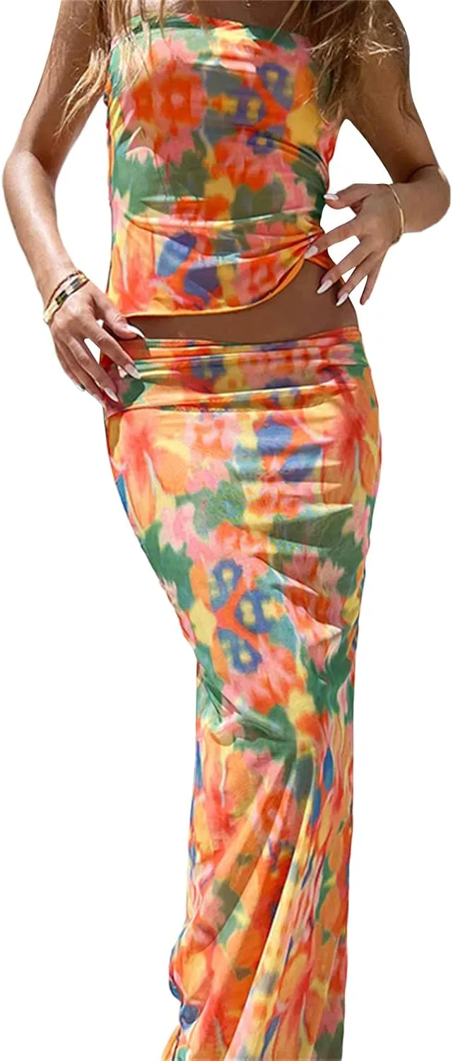 Maxi Skirt Sets Women 2 Piece Outfits Sexy Strapless Crop Tube Top Bodycon Long Skirts Y2K Skirt Set Beachwear