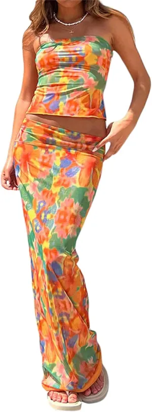 Maxi Skirt Sets Women 2 Piece Outfits Sexy Strapless Crop Tube Top Bodycon Long Skirts Y2K Skirt Set Beachwear