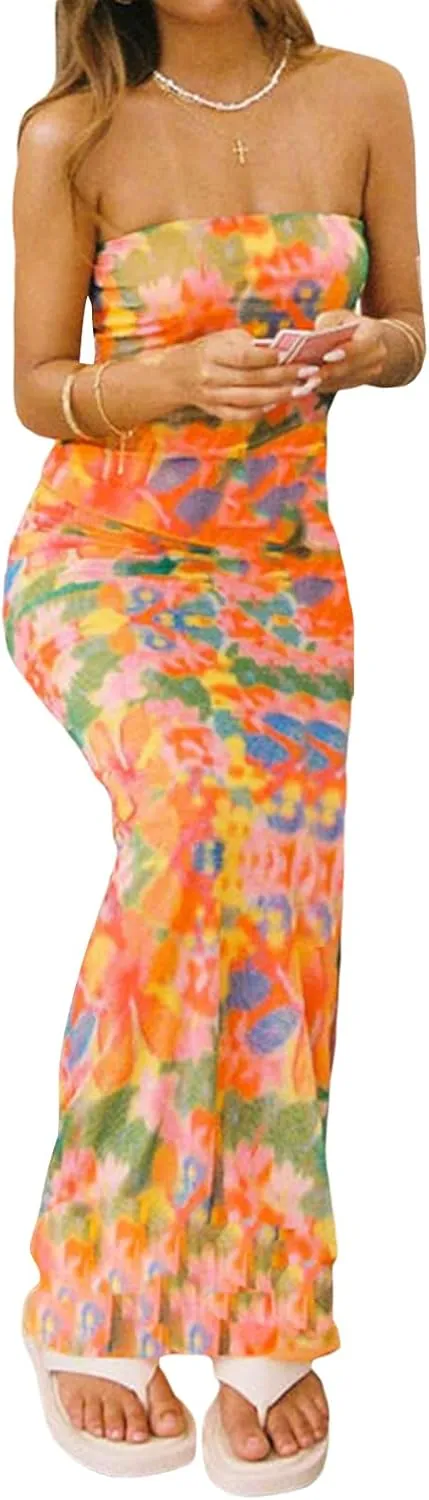 Maxi Skirt Sets Women 2 Piece Outfits Sexy Strapless Crop Tube Top Bodycon Long Skirts Y2K Skirt Set Beachwear