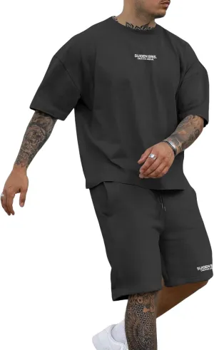 Men's 2 Piece Outfits Letter Drop Shoulder Oversize Tee Shirt Shorts Set Athletic Jogging Summer Tracksuit