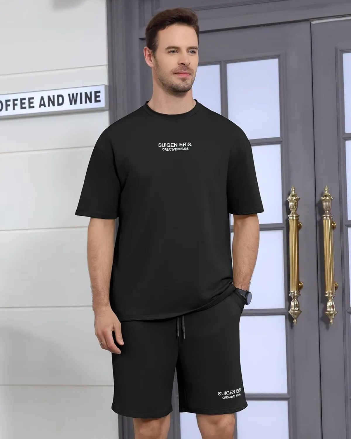 Men's 2 Piece Outfits Letter Drop Shoulder Oversize Tee Shirt Shorts Set Athletic Jogging Summer Tracksuit