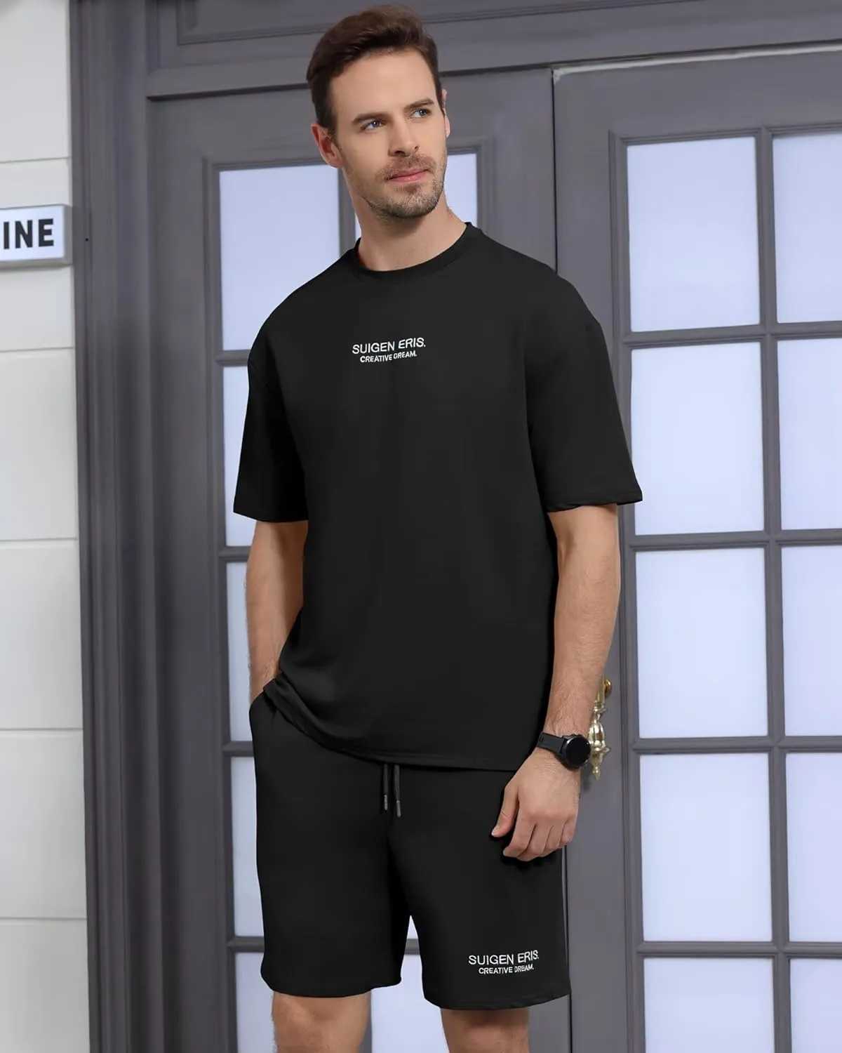 Men's 2 Piece Outfits Letter Drop Shoulder Oversize Tee Shirt Shorts Set Athletic Jogging Summer Tracksuit