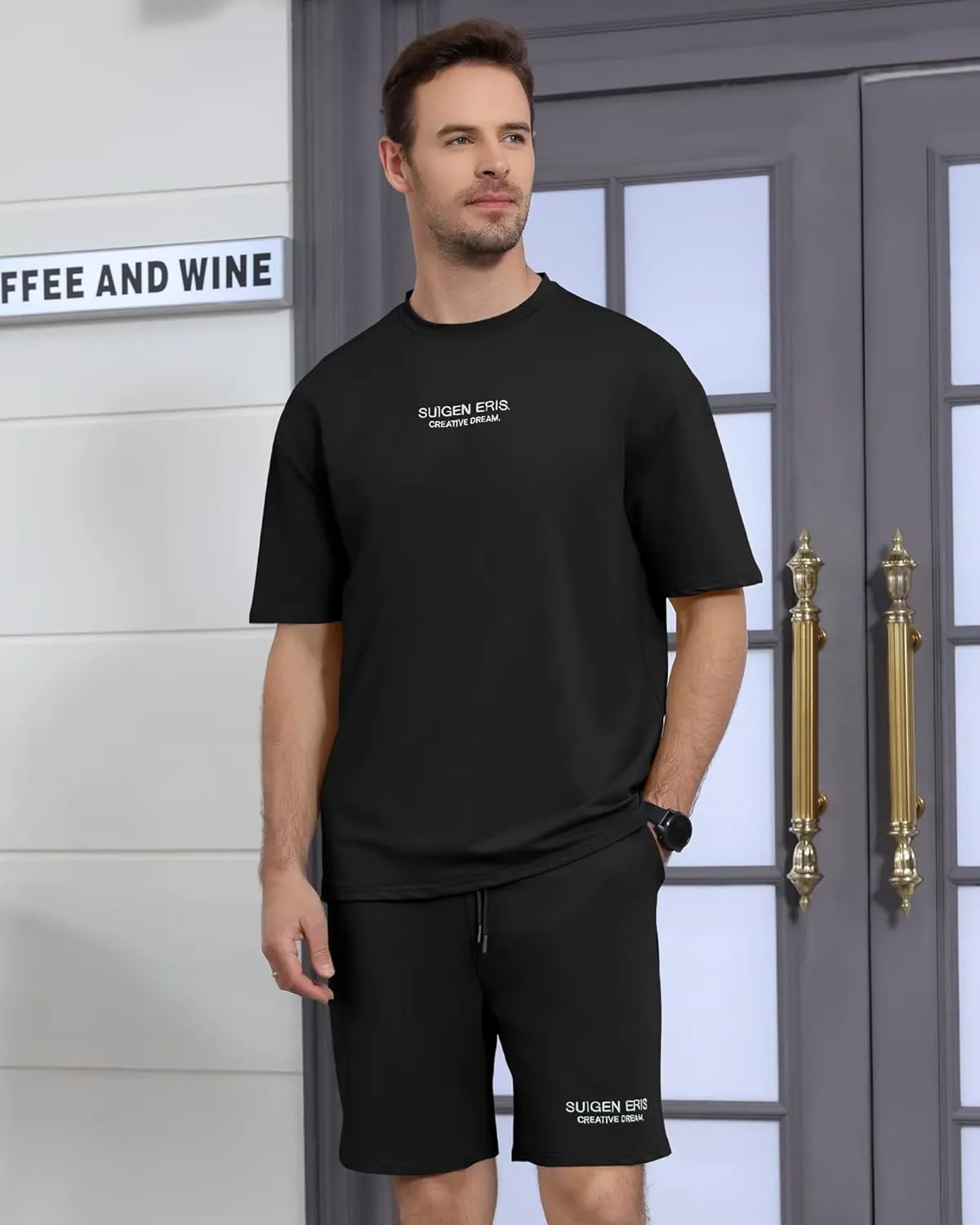 Men's 2 Piece Outfits Letter Drop Shoulder Oversize Tee Shirt Shorts Set Athletic Jogging Summer Tracksuit