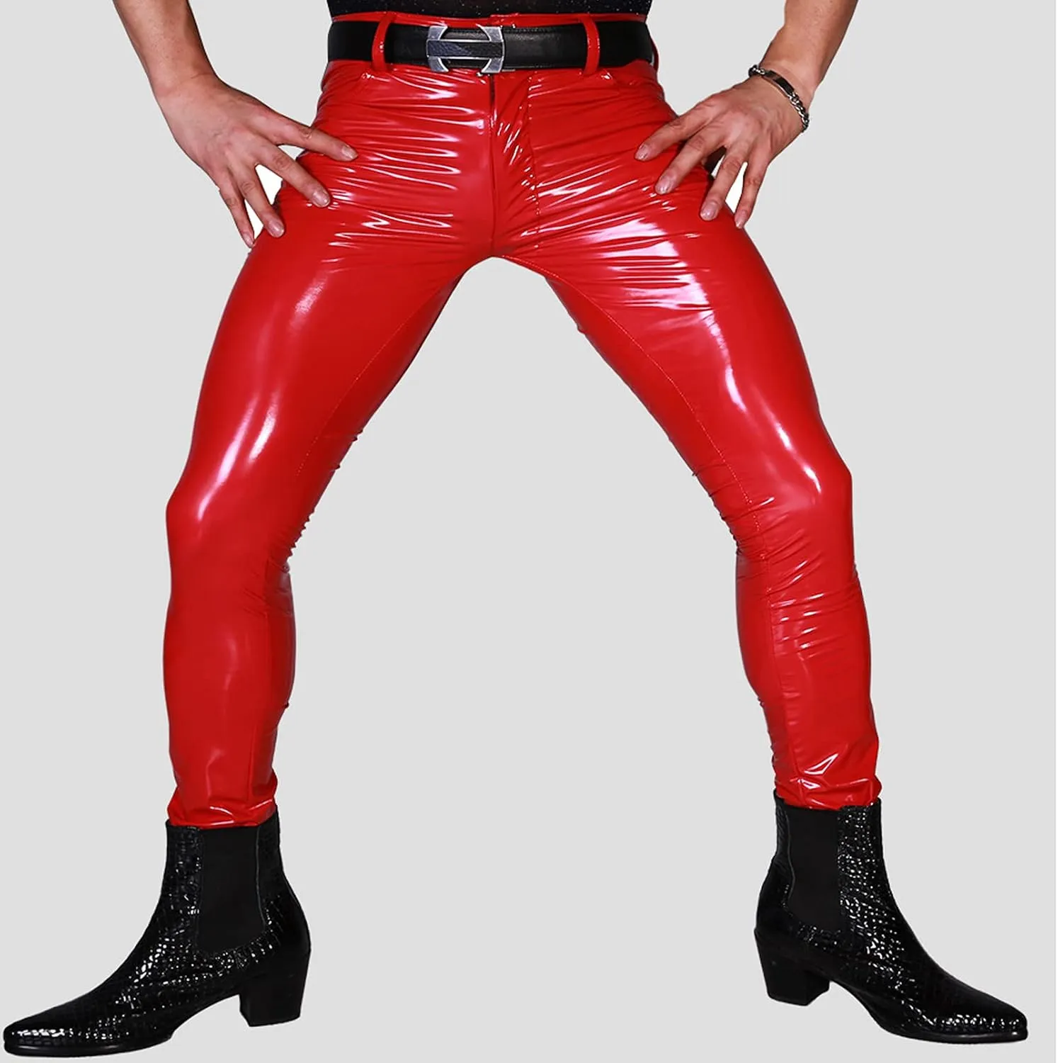 Men's Sexy Shiny Wetlook PVC Leather Pants Skinny Slim Fit Leggings Pencil Long Pants Straight Trousers