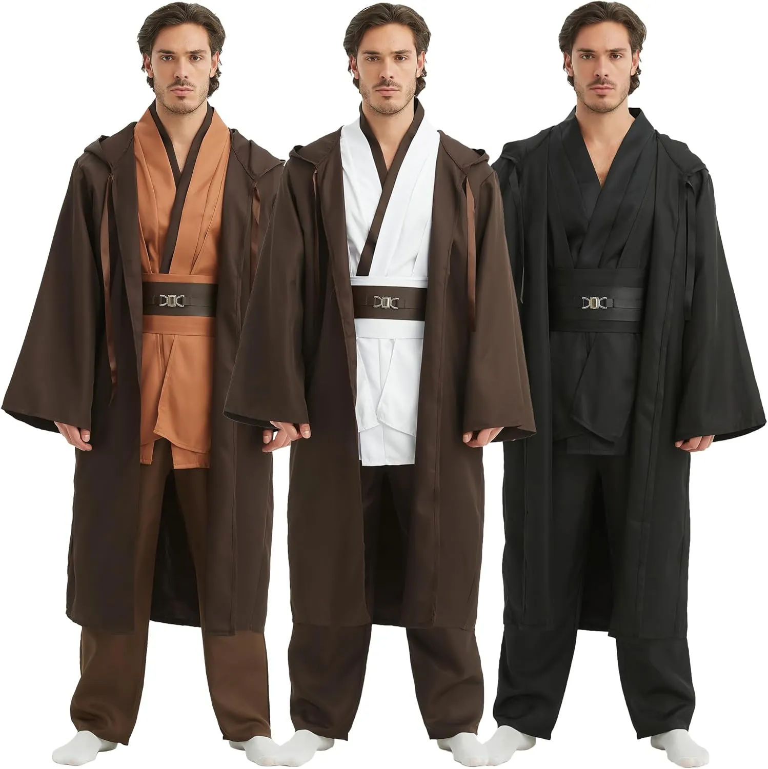 Men's Tunic Costumes Adult Tunic Hooded Robe Set Halloween Cosplay Costumes Knight Cloak With Pocket (Brown, 3X-Large)