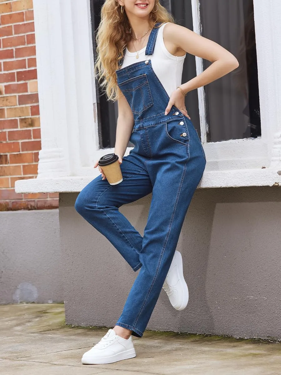 MONTVOO Women's Overalls Jeans Loose Fit Bib Denim Jumpsuit Casual Buckles Adjustable Straps Blue Classic Overall