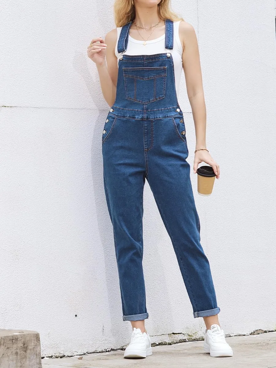 MONTVOO Women's Overalls Jeans Loose Fit Bib Denim Jumpsuit Casual Buckles Adjustable Straps Blue Classic Overall