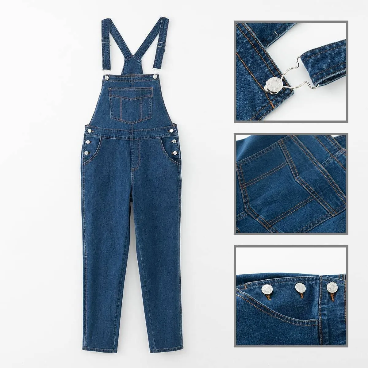 MONTVOO Women's Overalls Jeans Loose Fit Bib Denim Jumpsuit Casual Buckles Adjustable Straps Blue Classic Overall