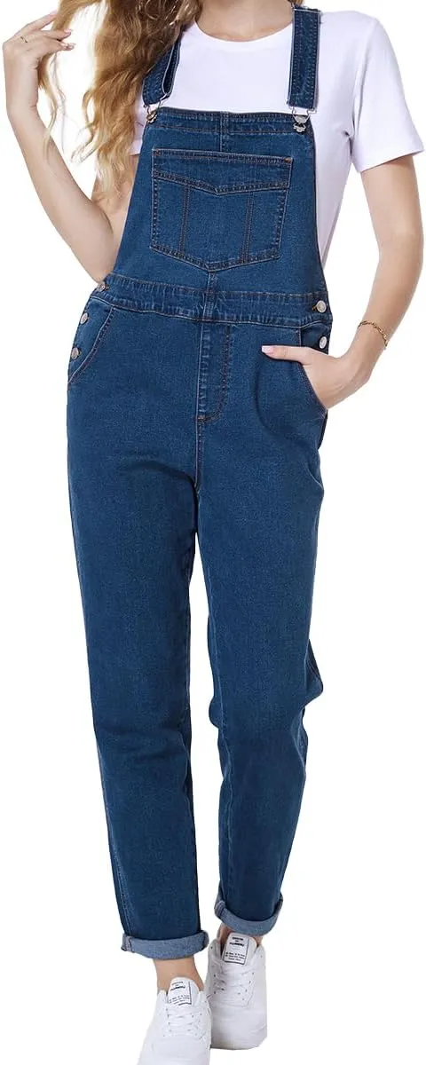 MONTVOO Women's Overalls Jeans Loose Fit Bib Denim Jumpsuit Casual Buckles Adjustable Straps Blue Classic Overall