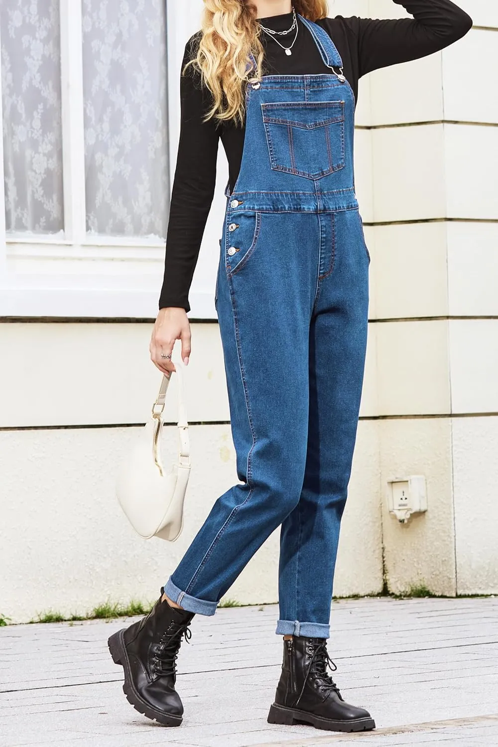 MONTVOO Women's Overalls Jeans Loose Fit Bib Denim Jumpsuit Casual Buckles Adjustable Straps Blue Classic Overall