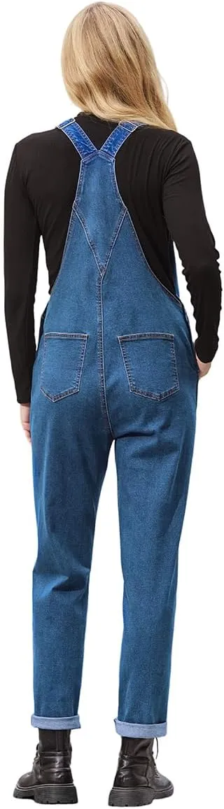 MONTVOO Women's Overalls Jeans Loose Fit Bib Denim Jumpsuit Casual Buckles Adjustable Straps Blue Classic Overall