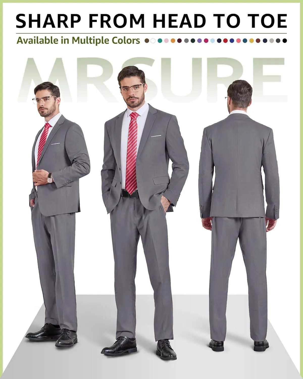 MrSure Men's 2 Piece Slim Fit Suit with Two-Button, Solid Stretch Jacket Pants & Tie Set.