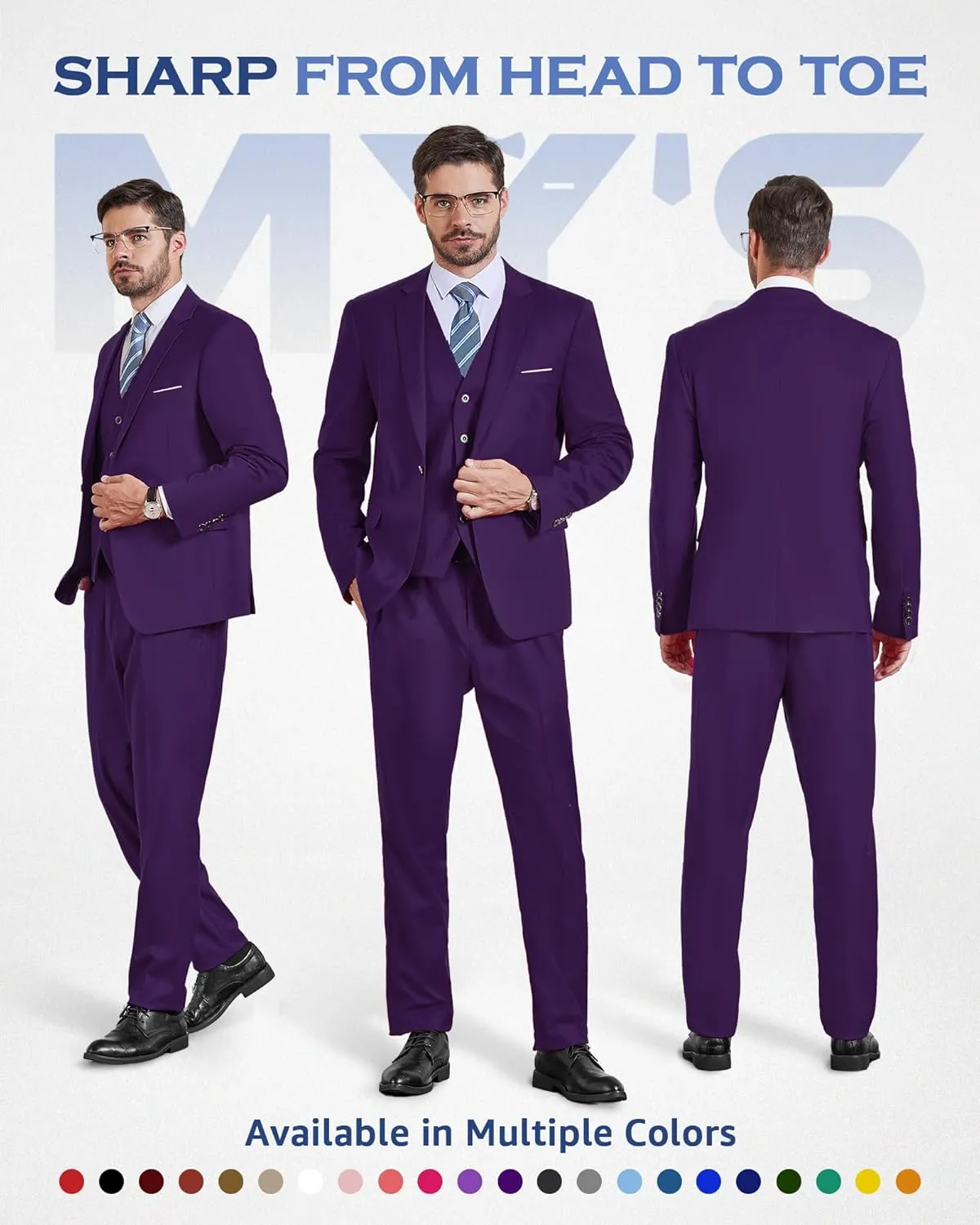 MY'S Men's 3 Piece Slim Fit Suit Set, One Button Solid Jacket Vest Pants with Tie