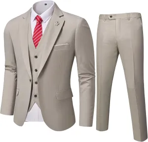 MY'S Men's 3 Piece Slim Fit Suit Set, One Button Solid Jacket Vest Pants with Tie