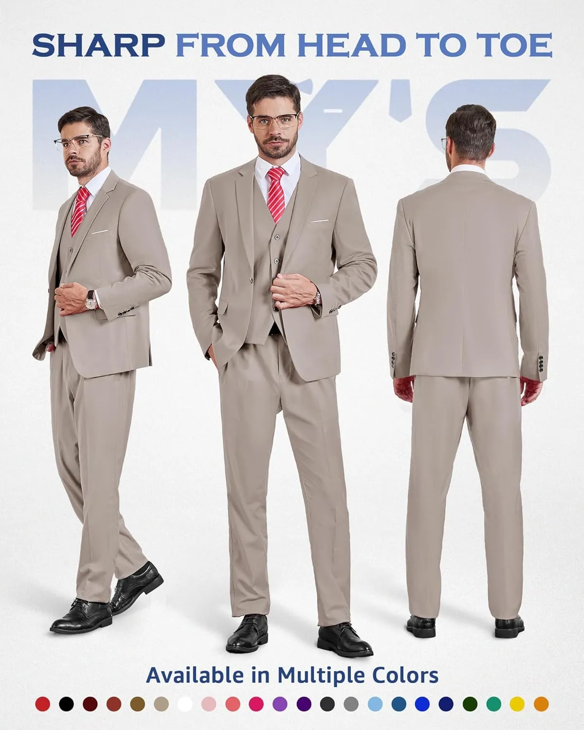 MY'S Men's 3 Piece Slim Fit Suit Set, One Button Solid Jacket Vest Pants with Tie