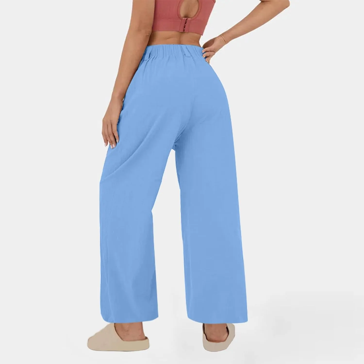 Mzkdieey Women's Summer High Waisted Wide Leg Loose Cotton Linen Palazzo Pants Dressy Casual Solid Trousers with Pockets