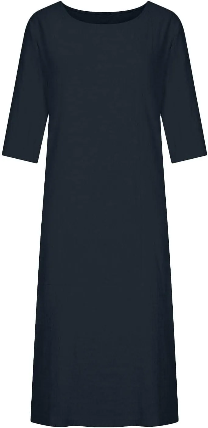 NaRHbrg Women's Cotton Linen Dresses Casual Loose Bohemian Dresses Short Sleeve Summer Beach Swing Dress Solid Color Sundress