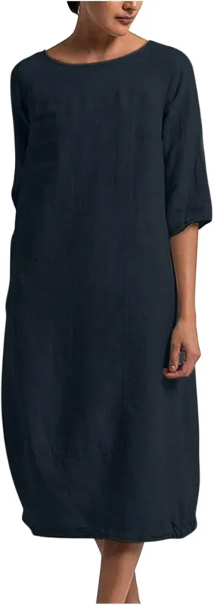 NaRHbrg Women's Cotton Linen Dresses Casual Loose Bohemian Dresses Short Sleeve Summer Beach Swing Dress Solid Color Sundress