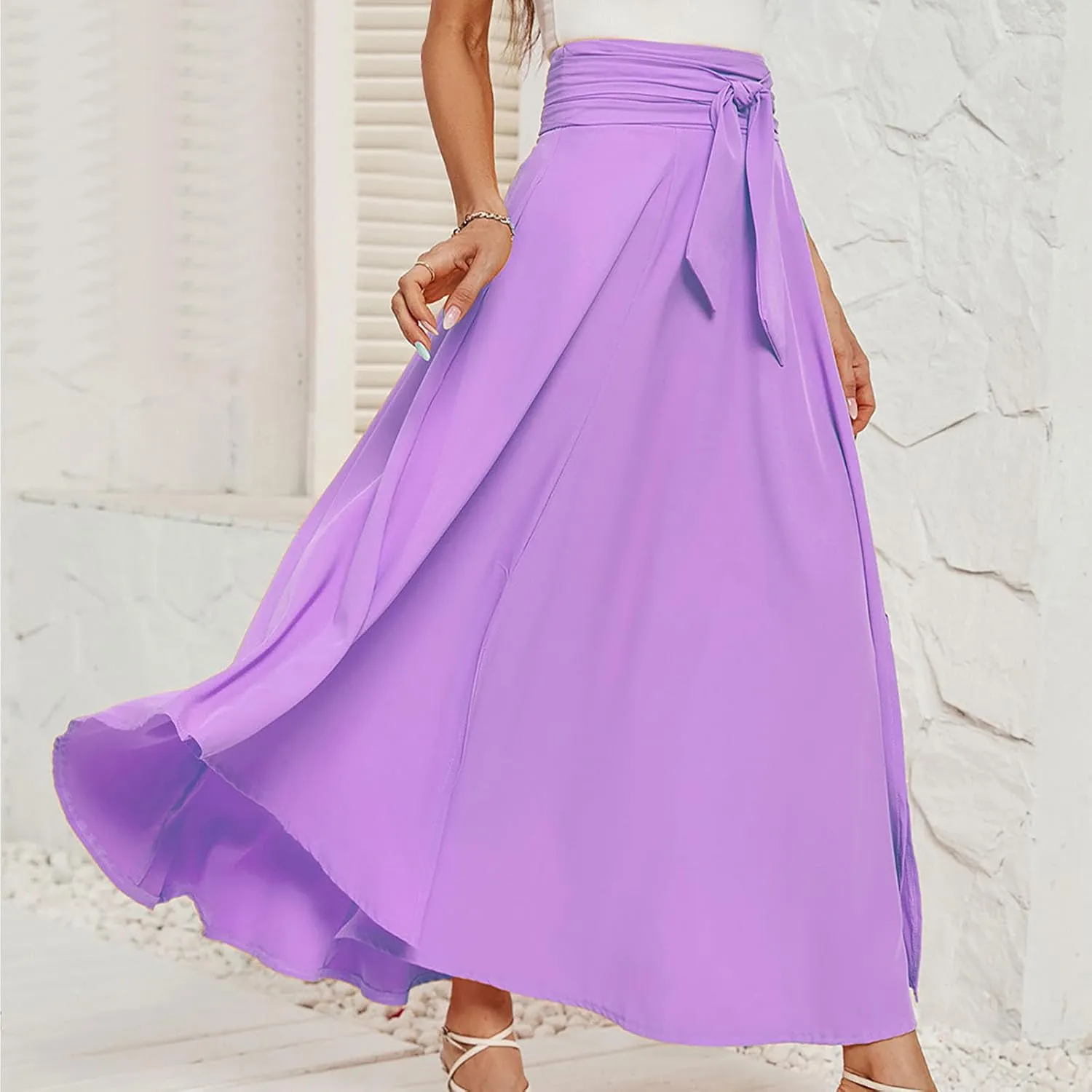 NATHGAM Long Skirts for Women High Waist Bowknot A-Line Prom Party Skirt Long Satin Floor Length Pleated Maxi Skirt Flowy Hem