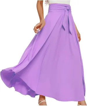 NATHGAM Long Skirts for Women High Waist Bowknot A-Line Prom Party Skirt Long Satin Floor Length Pleated Maxi Skirt Flowy Hem