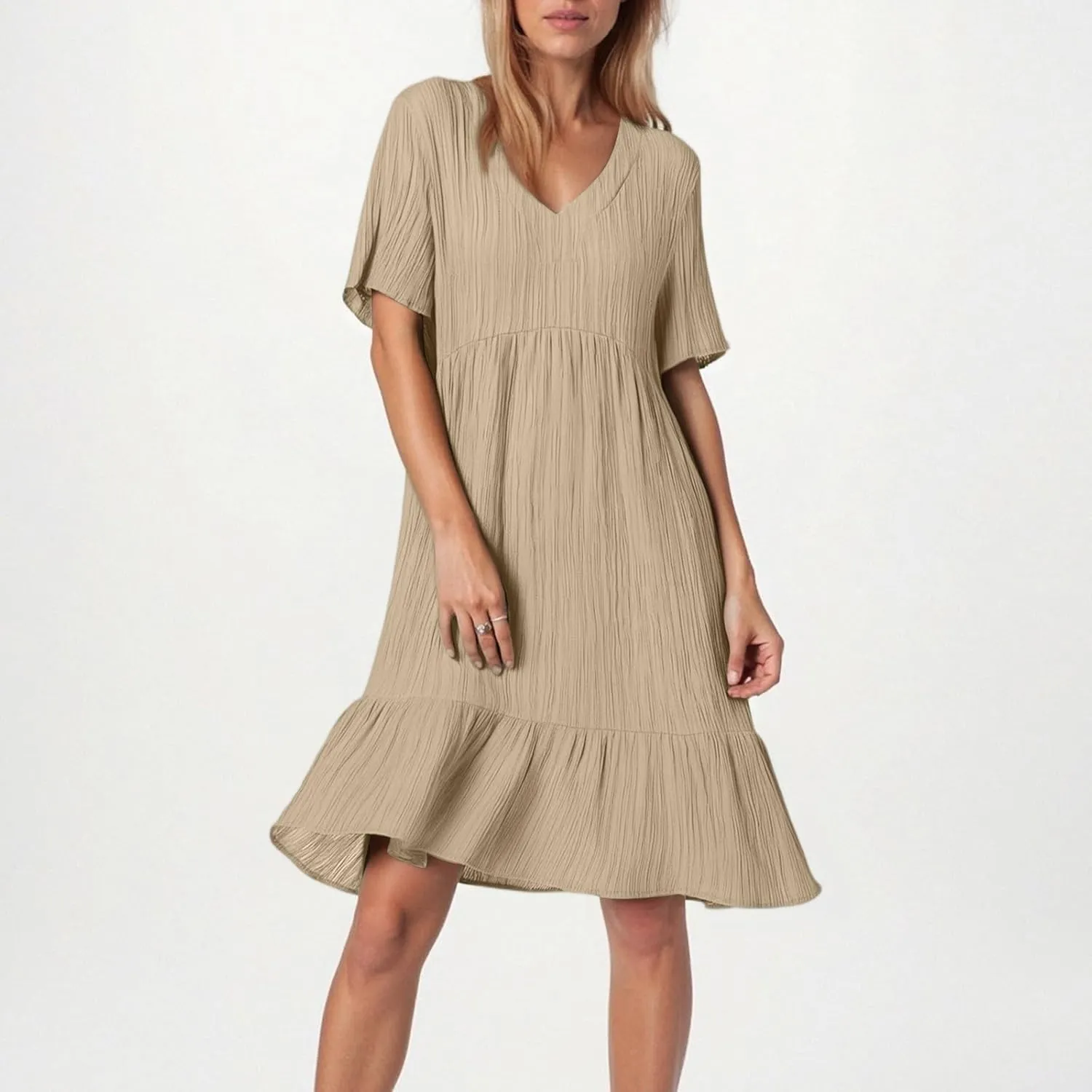 NBXNZWF Summer Dresses for Women 2025 Short Sleeve V Neck Ruffle Flowy Mini Dress Pleated Beach Vacation T Shirt Sundress