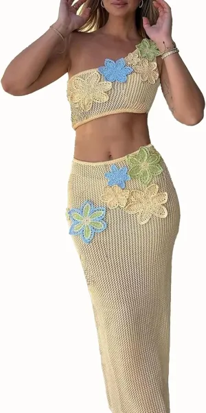 NIFTRIRY Two Piece Skirt Set for Women Sleeveless Cute Crochet Knit Tank Top and Maxi Skirt Beach Dress Summer Outfits