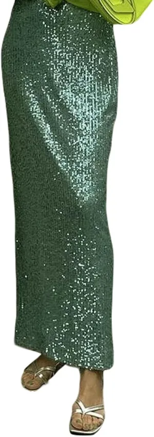 NUFIWI Sequin Glitter Maxi Skirt for Women High Waist Bodycon Long Skirt Shiny Sparkly Metallic Skirt Party Clubwear
