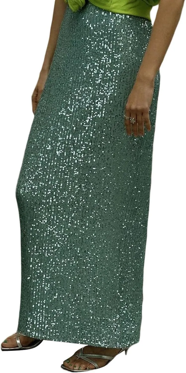 NUFIWI Sequin Glitter Maxi Skirt for Women High Waist Bodycon Long Skirt Shiny Sparkly Metallic Skirt Party Clubwear