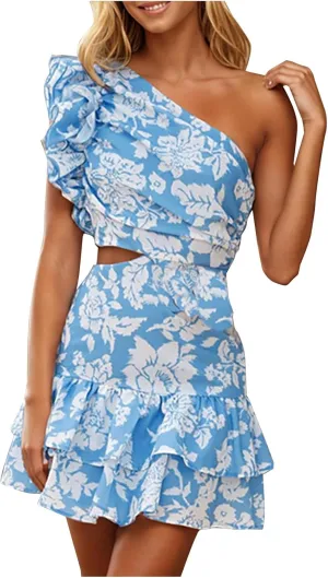 One Shoulder Vacation Dress for Women Casual Summer Floral Printed Ruffle Sleeveless Cutout Mini Dresses Boho Beach Sundress