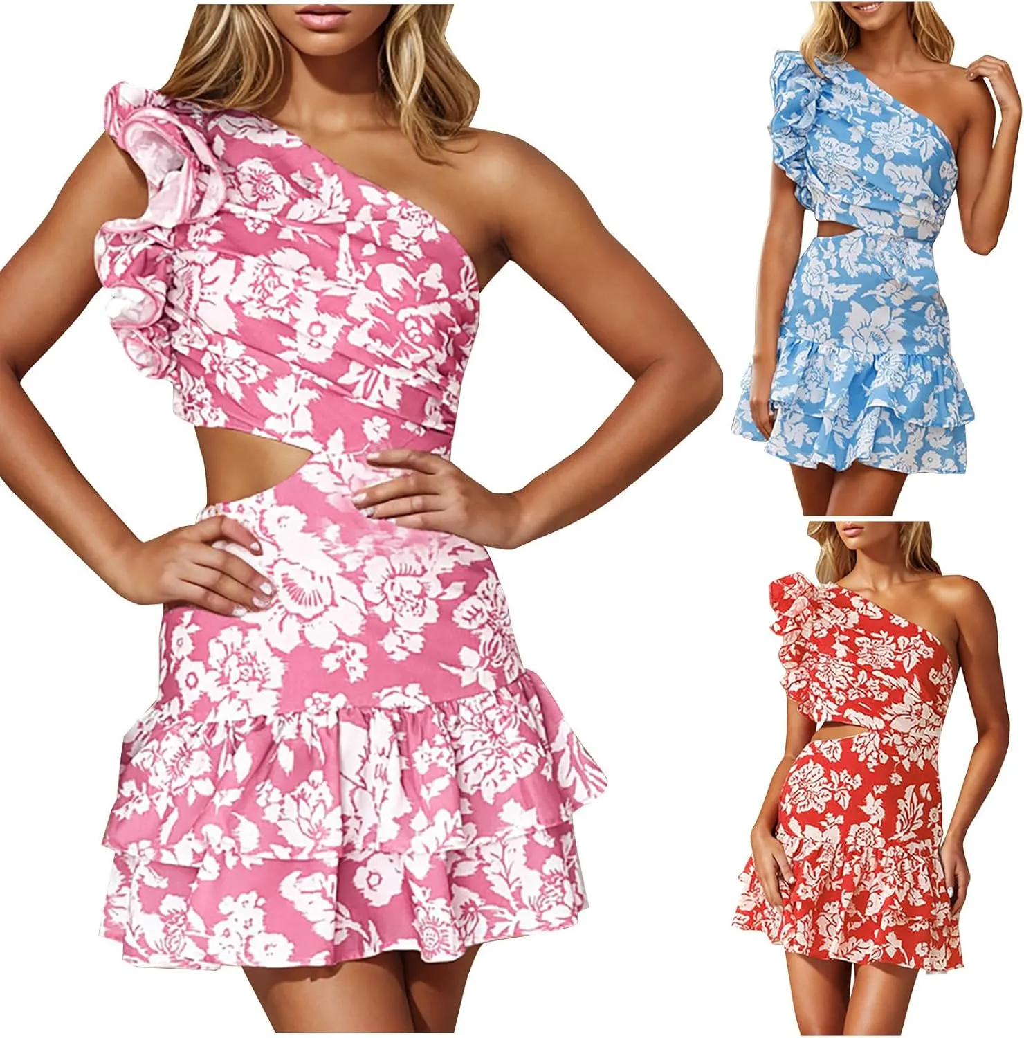 One Shoulder Vacation Dress for Women Casual Summer Floral Printed Ruffle Sleeveless Cutout Mini Dresses Boho Beach Sundress
