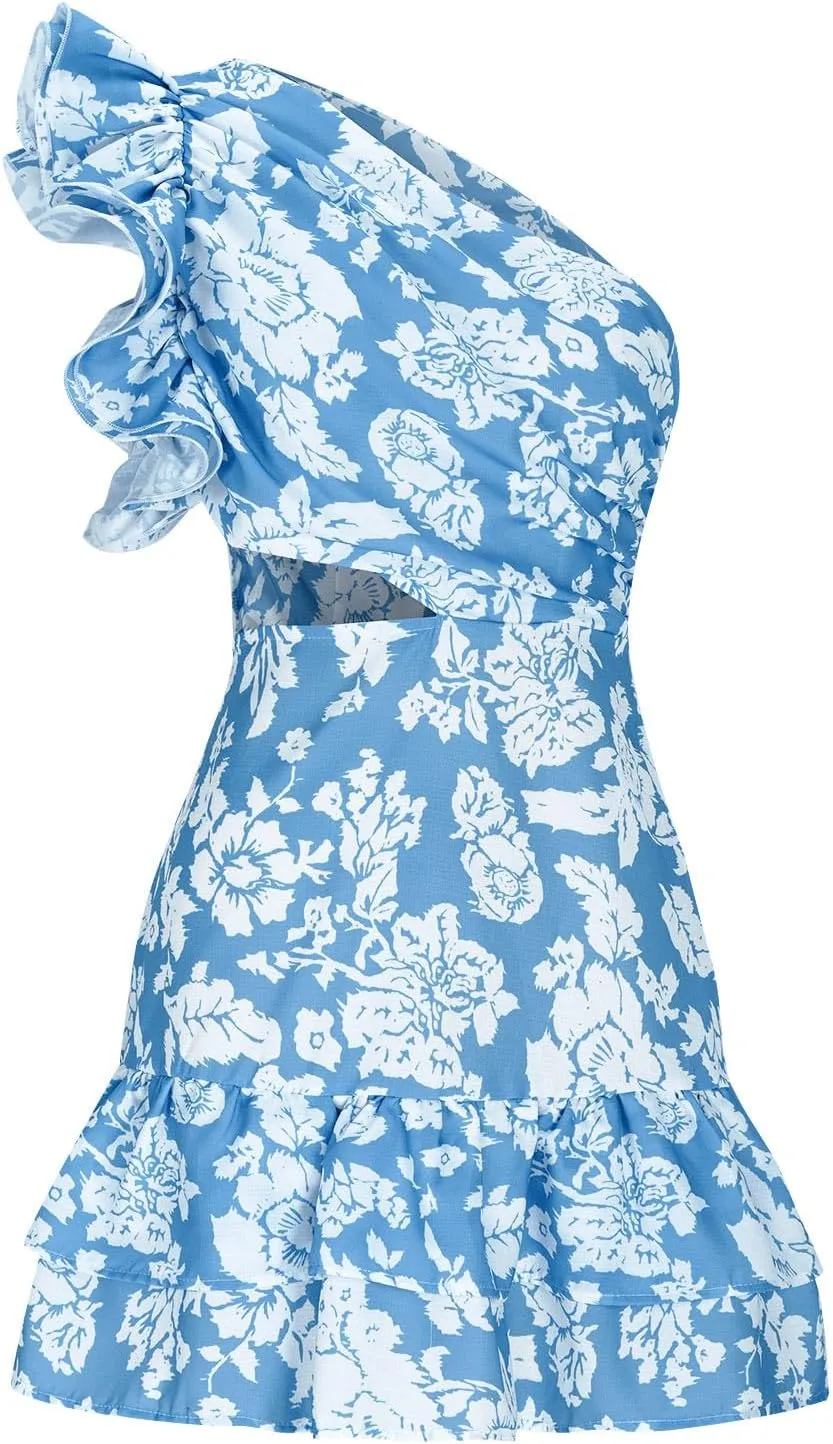 One Shoulder Vacation Dress for Women Casual Summer Floral Printed Ruffle Sleeveless Cutout Mini Dresses Boho Beach Sundress