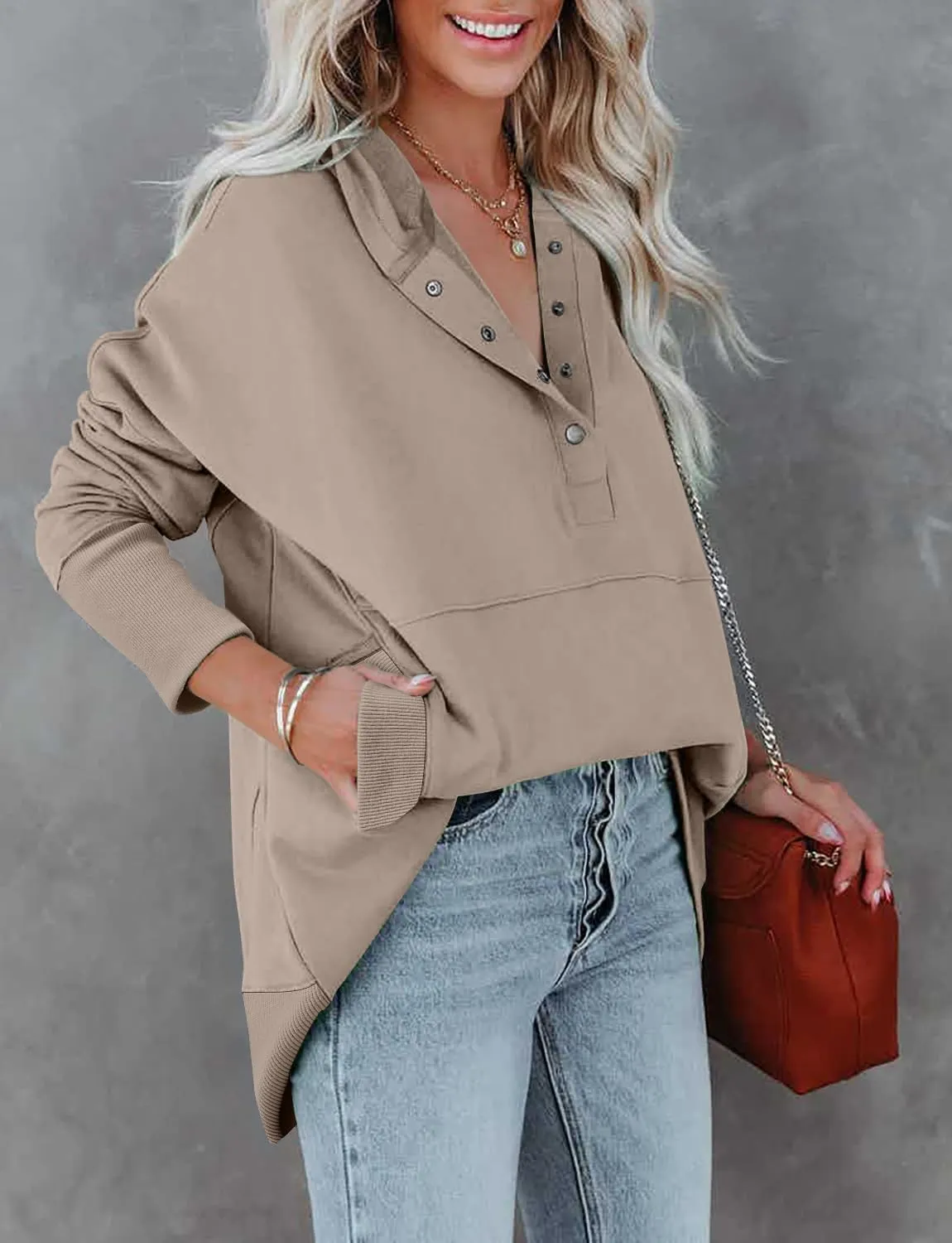 onlypuff Womens Oversized Hoodies and Sweatshirt V Neck Button up Loose Fit Henley Shirt 2022 Fall Fashion