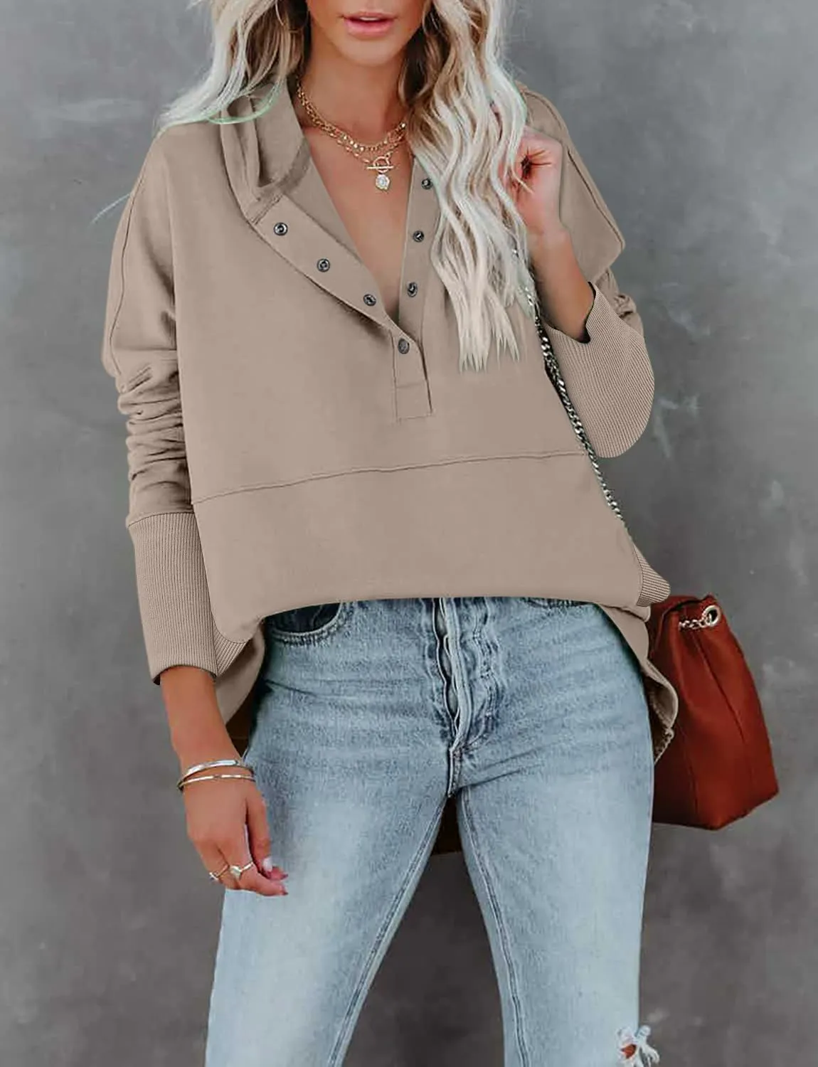 onlypuff Womens Oversized Hoodies and Sweatshirt V Neck Button up Loose Fit Henley Shirt 2022 Fall Fashion