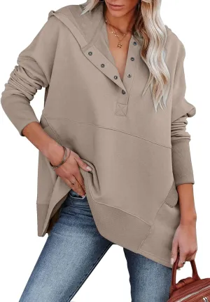 onlypuff Womens Oversized Hoodies and Sweatshirt V Neck Button up Loose Fit Henley Shirt 2022 Fall Fashion
