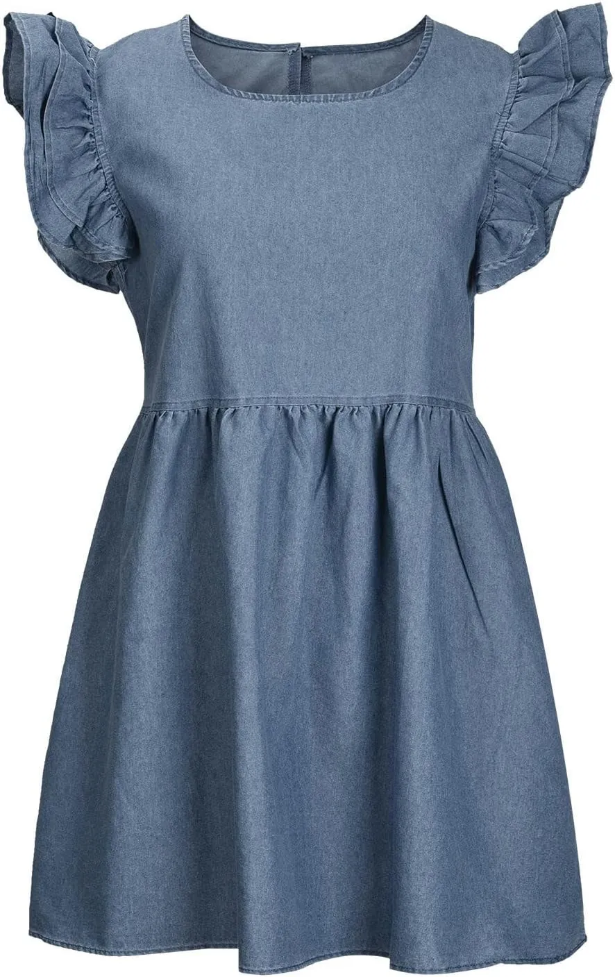 Oplxuo Women's Jean Tank Dresses Summer Crew Neck Ruffle Cap Sleeve Casual Denim Mini Dress Slim A-Line Tunic Babydoll Dress