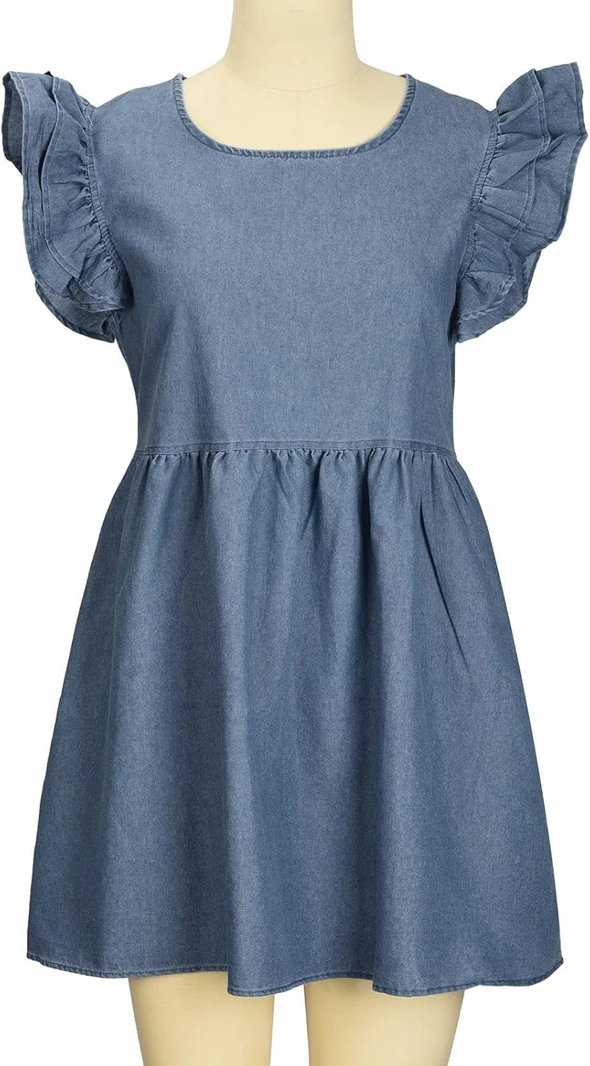 Oplxuo Women's Jean Tank Dresses Summer Crew Neck Ruffle Cap Sleeve Casual Denim Mini Dress Slim A-Line Tunic Babydoll Dress