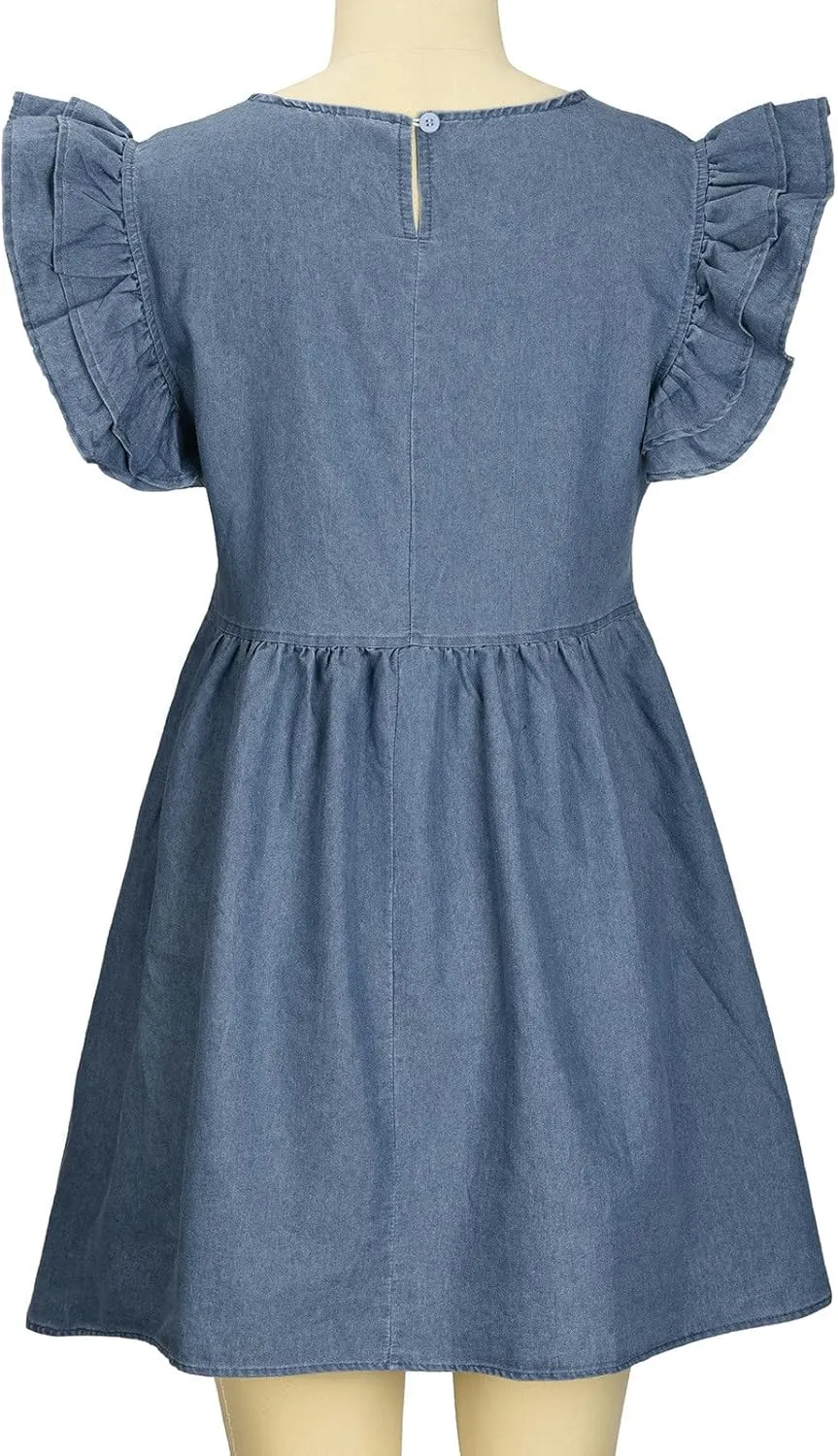 Oplxuo Women's Jean Tank Dresses Summer Crew Neck Ruffle Cap Sleeve Casual Denim Mini Dress Slim A-Line Tunic Babydoll Dress