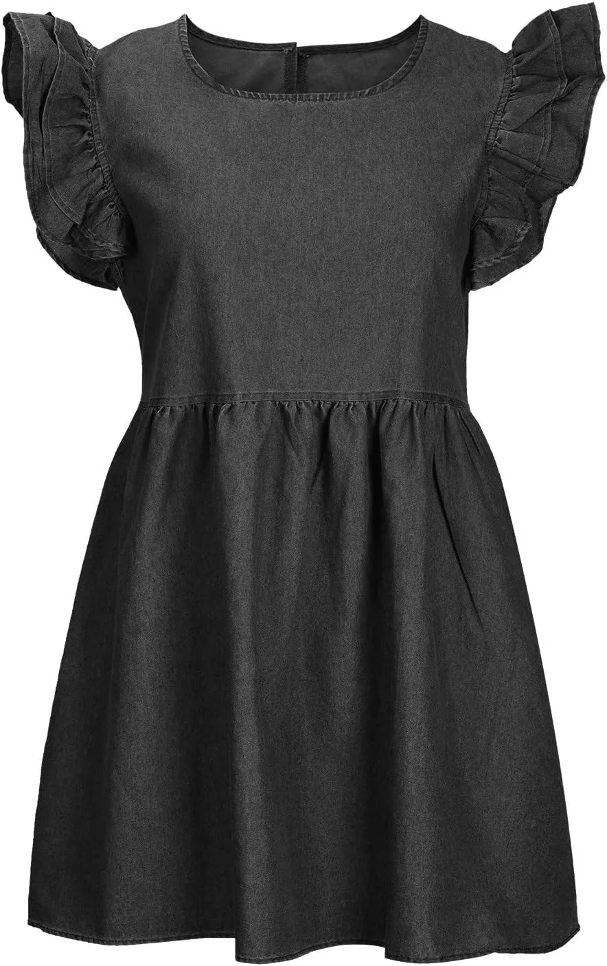 Oplxuo Women's Jean Tank Dresses Summer Crew Neck Ruffle Cap Sleeve Casual Denim Mini Dress Slim A-Line Tunic Babydoll Dress