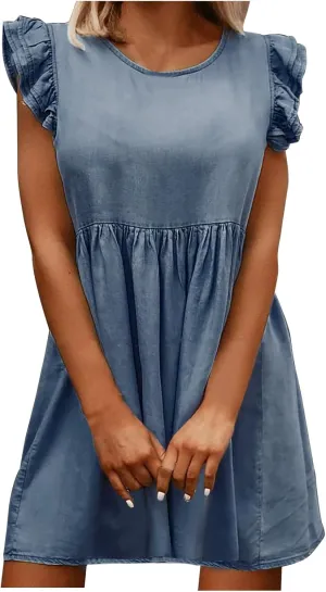 Oplxuo Women's Jean Tank Dresses Summer Crew Neck Ruffle Cap Sleeve Casual Denim Mini Dress Slim A-Line Tunic Babydoll Dress