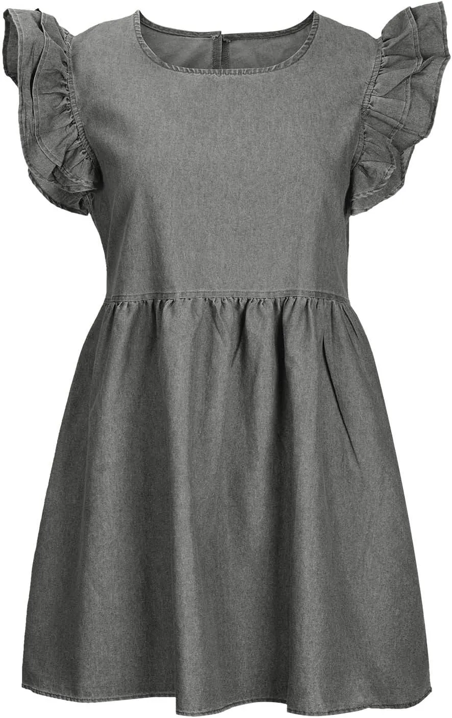 Oplxuo Women's Jean Tank Dresses Summer Crew Neck Ruffle Cap Sleeve Casual Denim Mini Dress Slim A-Line Tunic Babydoll Dress
