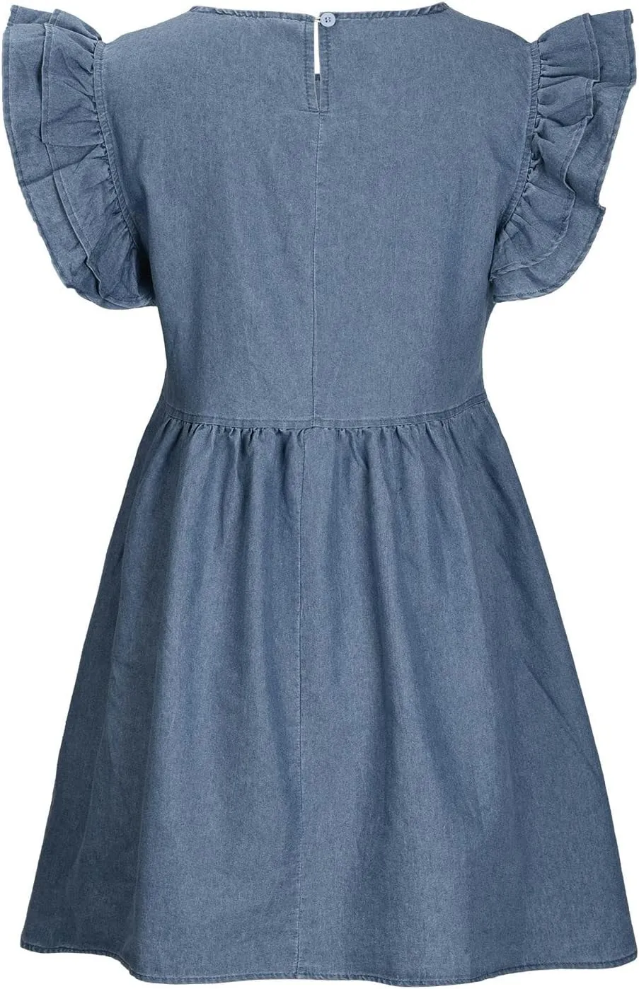 Oplxuo Women's Jean Tank Dresses Summer Crew Neck Ruffle Cap Sleeve Casual Denim Mini Dress Slim A-Line Tunic Babydoll Dress