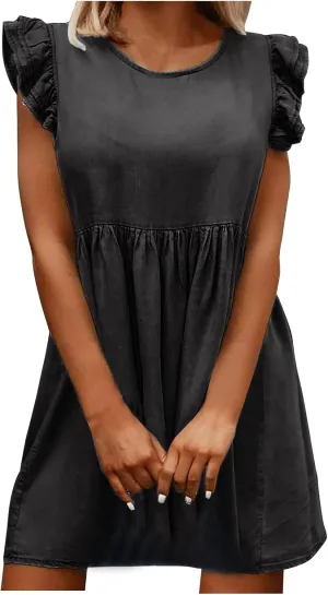 Oplxuo Women's Jean Tank Dresses Summer Crew Neck Ruffle Cap Sleeve Casual Denim Mini Dress Slim A-Line Tunic Babydoll Dress