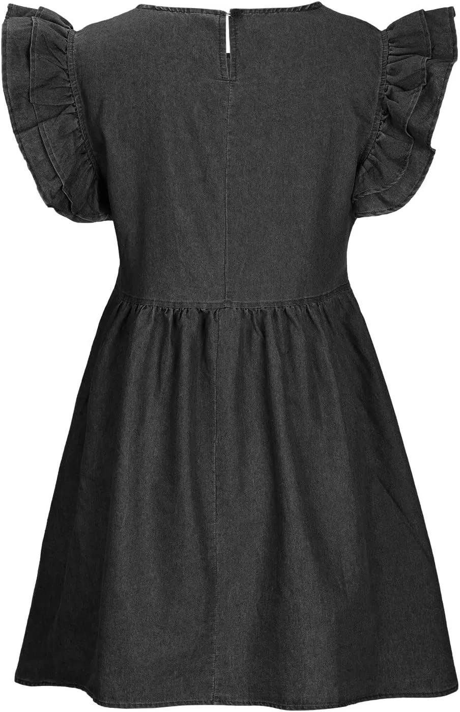 Oplxuo Women's Jean Tank Dresses Summer Crew Neck Ruffle Cap Sleeve Casual Denim Mini Dress Slim A-Line Tunic Babydoll Dress