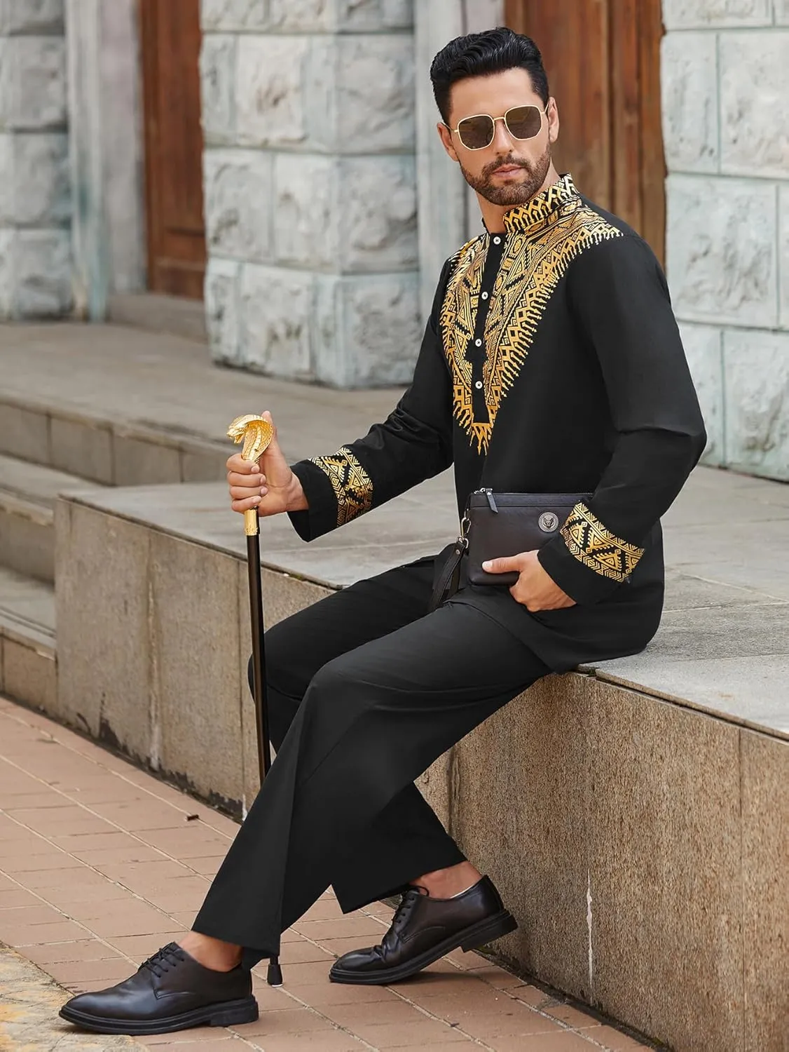 Pacinoble Mens African 2 Piece Set Metallic Traditional Suit Floral Printed Mens African Dashiki Shirt and Pants Outfit