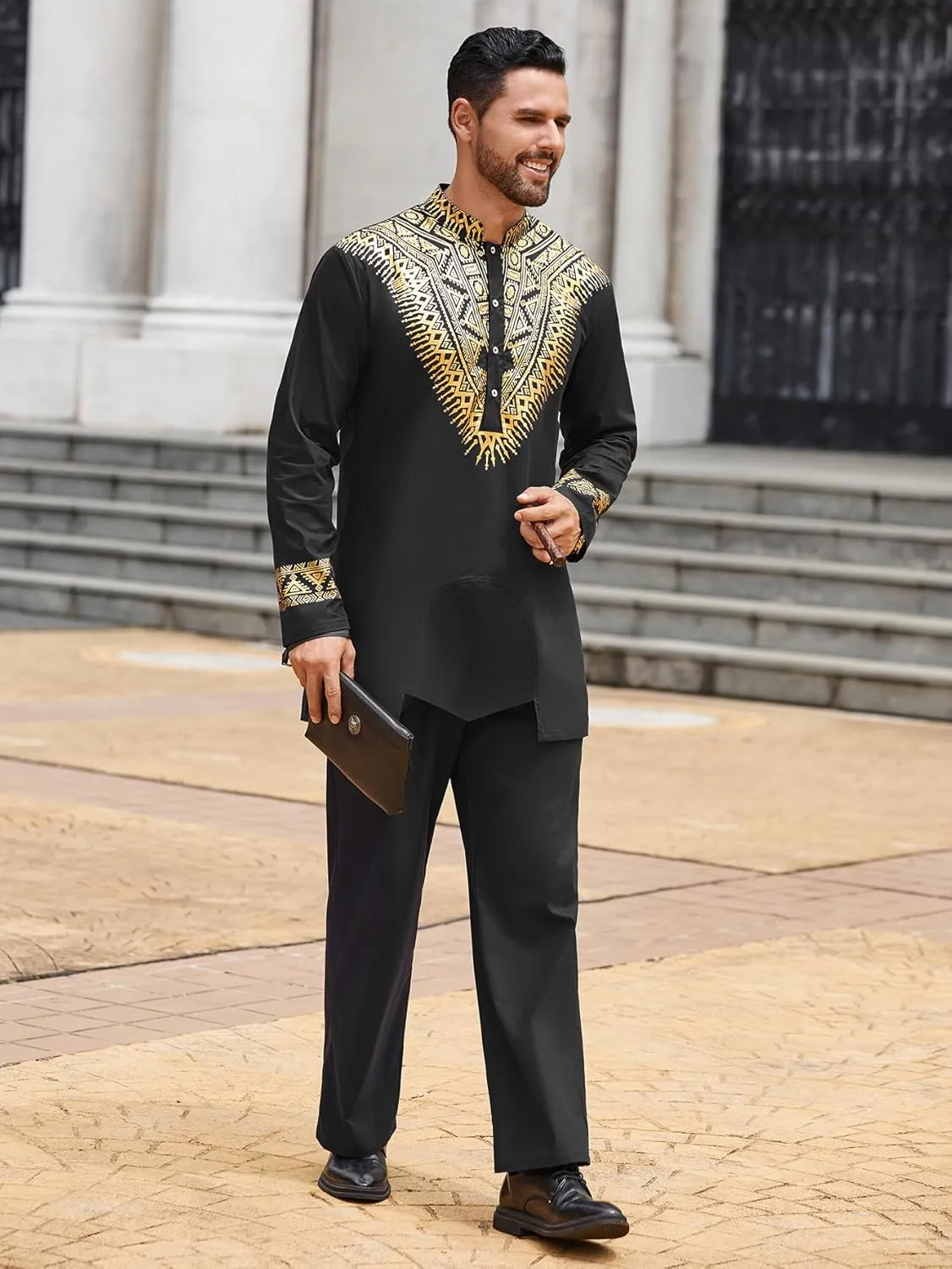 Pacinoble Mens African 2 Piece Set Metallic Traditional Suit Floral Printed Mens African Dashiki Shirt and Pants Outfit