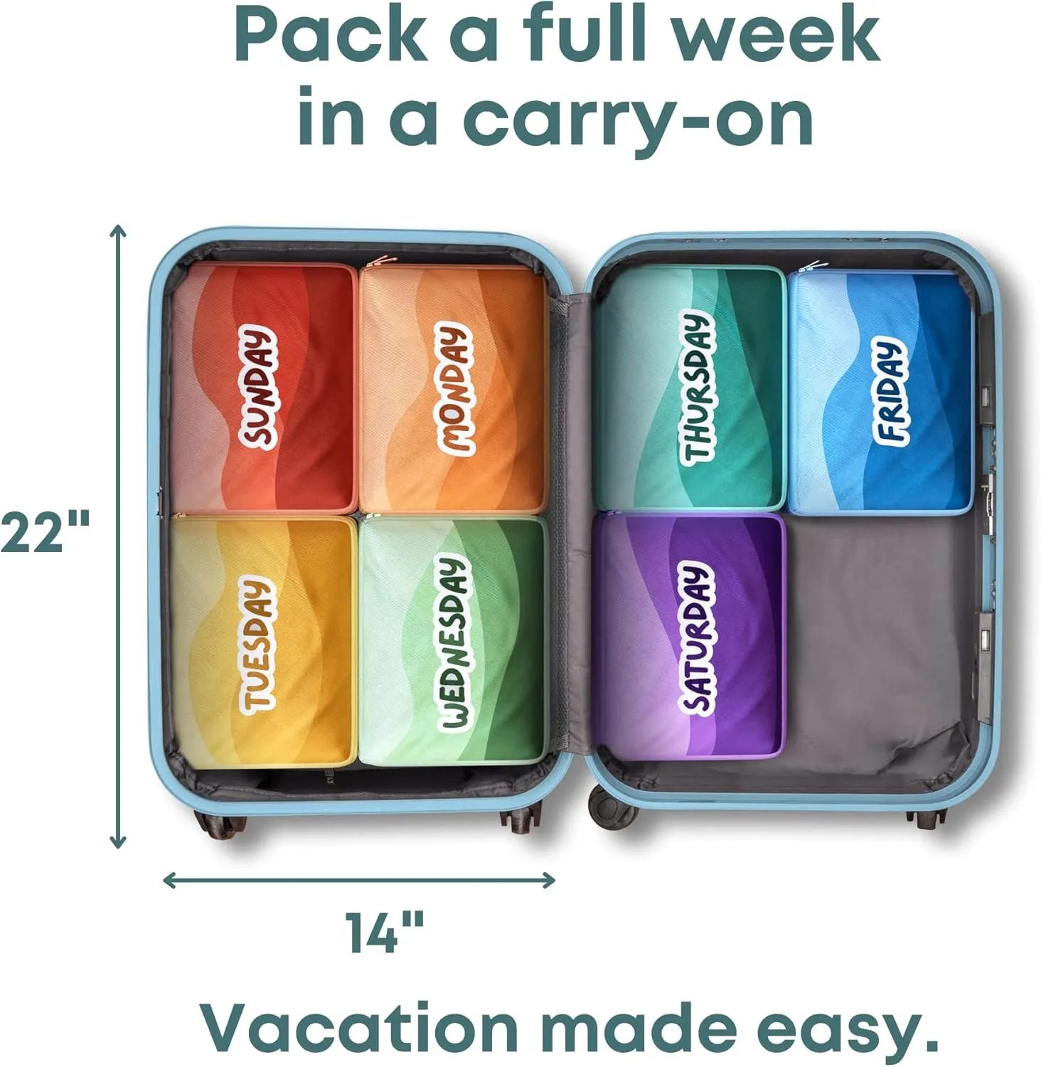 Packing Cubes for Kids & Baby Days of the Week 7 Set Daily Outfit Suitcase Organizers for Boys and Girls Summer Camp, Cruise, and Family Vacation (Small)
