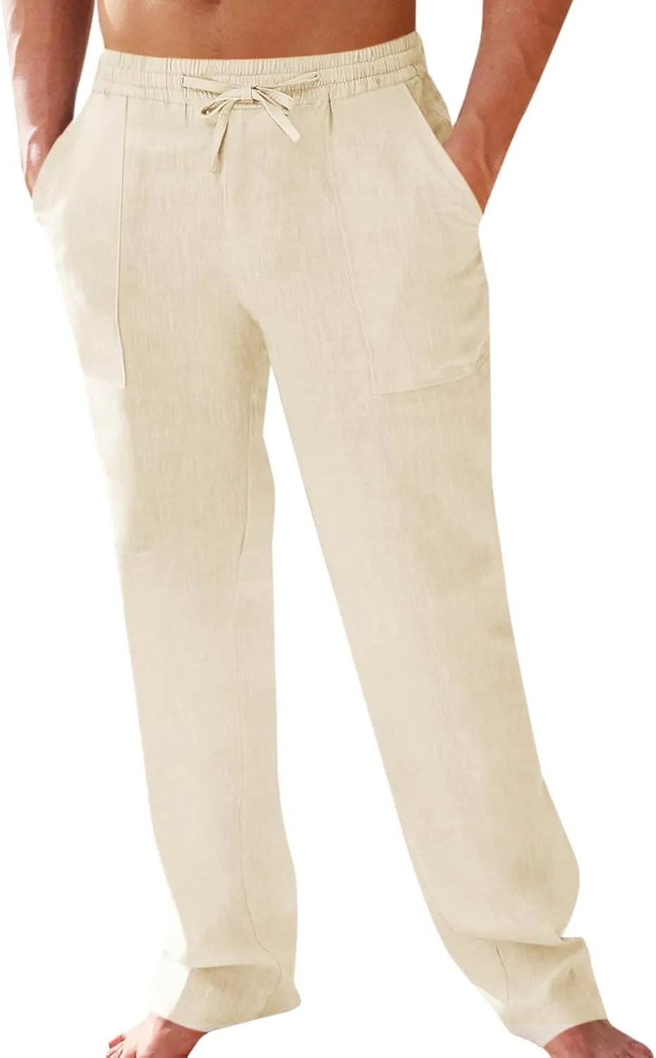PASLTER Men's Cotton Linen Pants Elastic Waist Drawstring Casual Trouser Lightweight Straight-Legs Loose Beach Yoga Pants