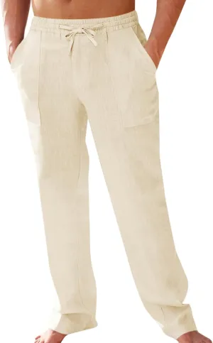 PASLTER Men's Cotton Linen Pants Elastic Waist Drawstring Casual Trouser Lightweight Straight-Legs Loose Beach Yoga Pants