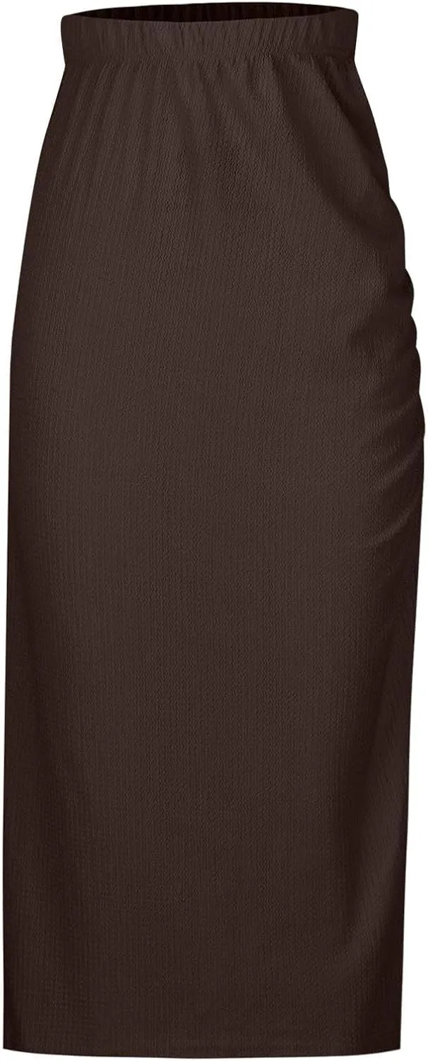 Pencil Skirts for Women High Waisted Maxi Skirts with Side Slit Dressy Casual Skirts Elegant Ruched Bodycon Skirt
